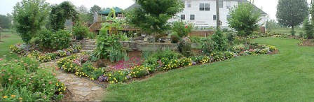 Panoramic view of the back yard on the back side of the lower pond